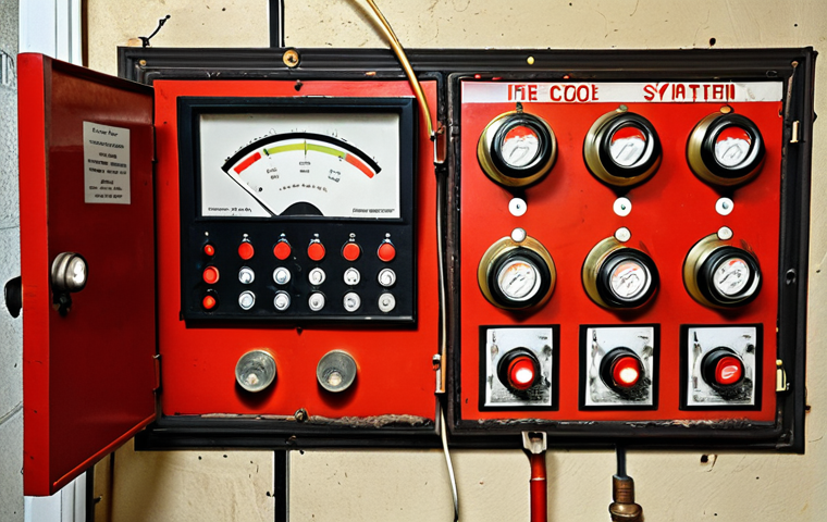 Aging Fire Detection System**
A dilapidated fire alarm control panel with outdated analog gauges and dusty wiring, emphasizing the challenges of maintaining legacy fire safety equipment in a Russian building.
**