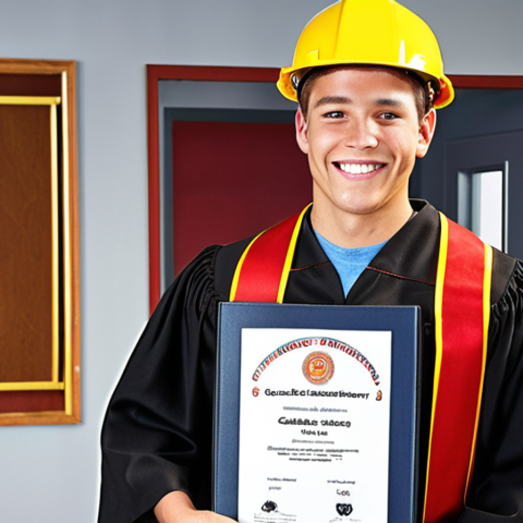 **

A graduation scene with a qualified fire safety technician holding a diploma, smiling confidently. Background shows various career path icons:  MChS building, a private company office, and a construction site.  Overall optimistic and promising career start.

**