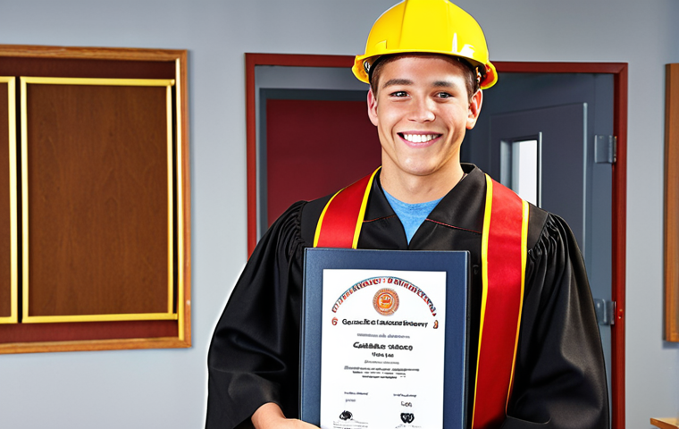**

A graduation scene with a qualified fire safety technician holding a diploma, smiling confidently. Background shows various career path icons:  MChS building, a private company office, and a construction site.  Overall optimistic and promising career start.

**
