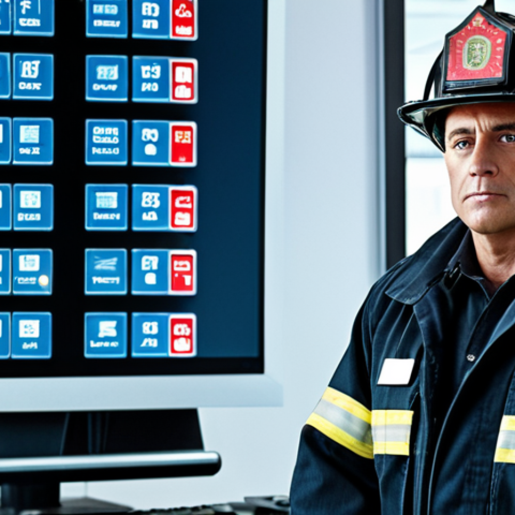 **Cybersecurity Transition:** A former firefighter inspector transitioning to cybersecurity, standing confidently in front of a screen displaying code, with a faint background of fire station equipment subtly blending into digital elements.