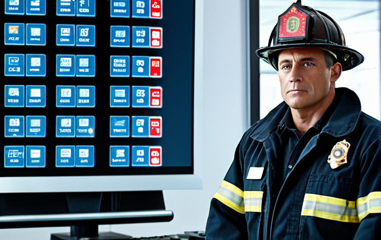 **Cybersecurity Transition:** A former firefighter inspector transitioning to cybersecurity, standing confidently in front of a screen displaying code, with a faint background of fire station equipment subtly blending into digital elements.