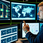 A professional fire safety expert, either a man or a woman, fully clothed in a clean, professional uniform, stands in a modern, high-tech control room. Large, translucent display screens surround them, showing complex data visualizations: real-time heat maps of a building, intricate network graphs of IoT sensors, and live drone footage of an industrial complex. The expert is looking thoughtfully at the data, with a focused expression. The room is brightly lit with ambient blue and green lights reflecting from the screens, creating an atmosphere of advanced technology and analytical precision. Perfect anatomy, correct proportions, natural pose, well-formed hands, proper finger count. Professional photography, high detail, sharp focus. safe for work, appropriate content, fully clothed, professional.