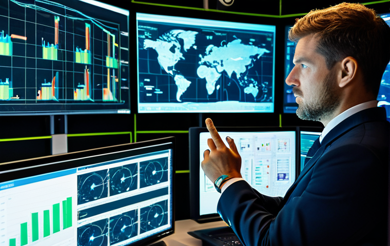 A professional fire safety expert, either a man or a woman, fully clothed in a clean, professional uniform, stands in a modern, high-tech control room. Large, translucent display screens surround them, showing complex data visualizations: real-time heat maps of a building, intricate network graphs of IoT sensors, and live drone footage of an industrial complex. The expert is looking thoughtfully at the data, with a focused expression. The room is brightly lit with ambient blue and green lights reflecting from the screens, creating an atmosphere of advanced technology and analytical precision. Perfect anatomy, correct proportions, natural pose, well-formed hands, proper finger count. Professional photography, high detail, sharp focus. safe for work, appropriate content, fully clothed, professional.