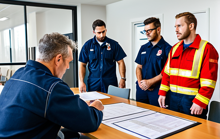 Industrial Fire Safety Meeting**
A diverse team of fully clothed professionals, including firefighters and engineers, are gathered around a table in a modern conference room, reviewing risk analysis documents and evacuation plans for a chemical plant, appropriate attire, safe for work, perfect anatomy, natural proportions, professional environment, high quality, modest clothing.
**