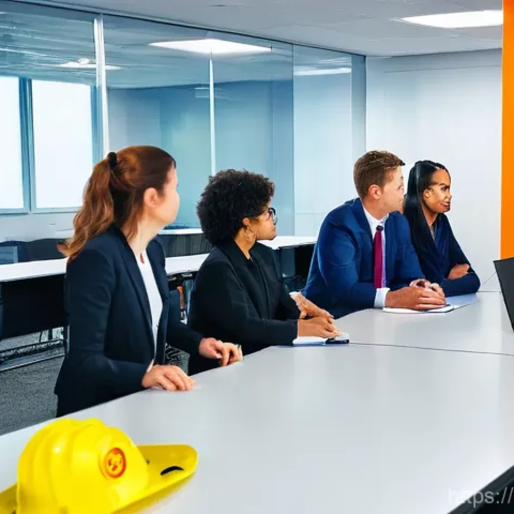 화재안전관리 직무에서의 안전 규정 준수 사례 - **Prompt 1: Modern Fire Safety Training in a Russian Office**
A group of diverse adult employees...