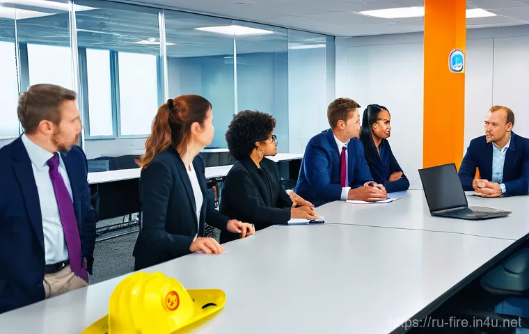화재안전관리 직무에서의 안전 규정 준수 사례 - **Prompt 1: Modern Fire Safety Training in a Russian Office**
A group of diverse adult employees...