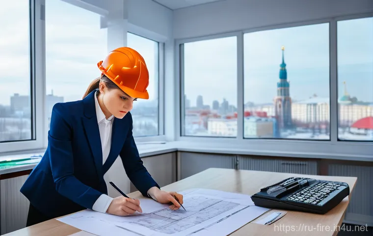 화재안전관리기술자의 자격증 시험 합격률 - **Prompt: Dedicated Fire Safety Engineer Reviewing Blueprints**
A highly detailed, realistic ima...