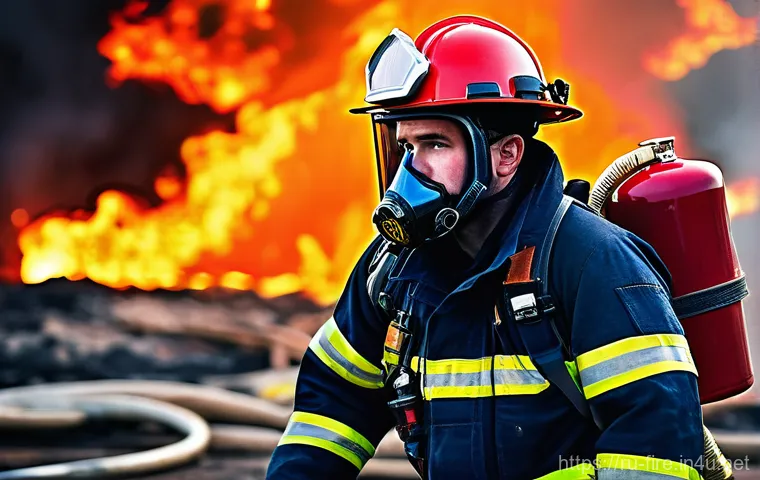 화재안전관리기술자의 필수 장비 목록 - **Prompt: Firefighter in Action with Advanced Protective Gear**
A determined male firefighter, m...