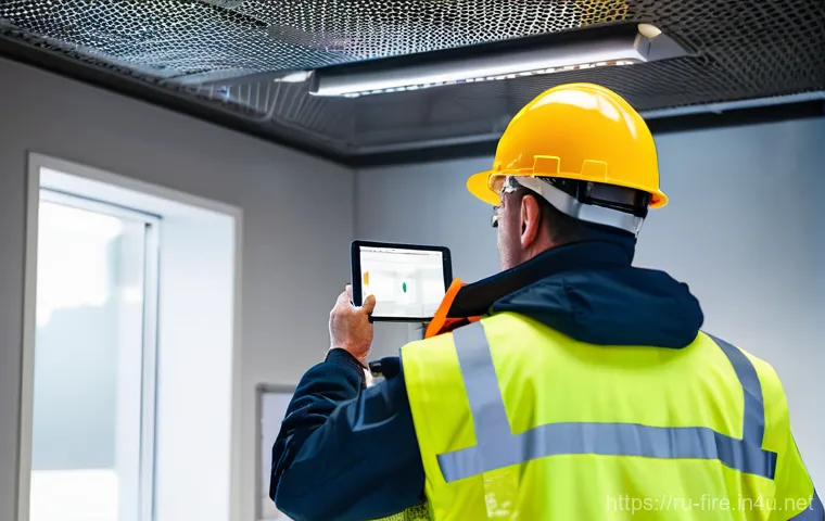 화재안전관리기술자의 필수 장비 목록 - **Prompt: Precision Diagnostics by a Fire Safety Engineer**
    A highly focused male fire safety en...