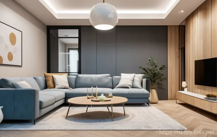 화재안전관리 실무와 관련된 최신 기술 - **Prompt:** A serene and modern Russian smart home interior, showcasing a young family (a mother, fa...