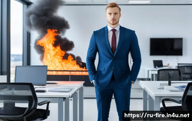 화재안전관리기술자의 자격증 취득 경험담 - A determined young professional, of Russian descent, dressed in a smart, modern business casual outf...