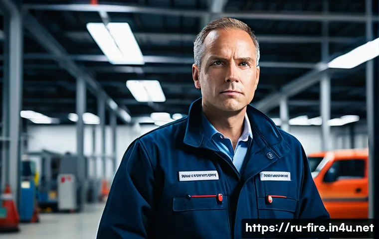 화재안전관리기술자 이직 성공 사례 - **Prompt: "A male fire safety engineer in his late 40s, wearing a clean, professional dark blue unif...