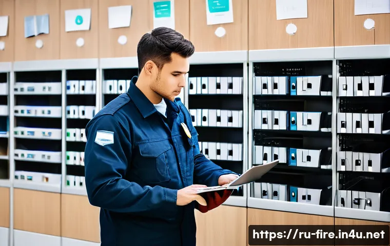 화재안전관리 기술자 필수 서류 관리 방법 - A modern fire safety office scene showing a professional firefighter specialist organizing and scann...