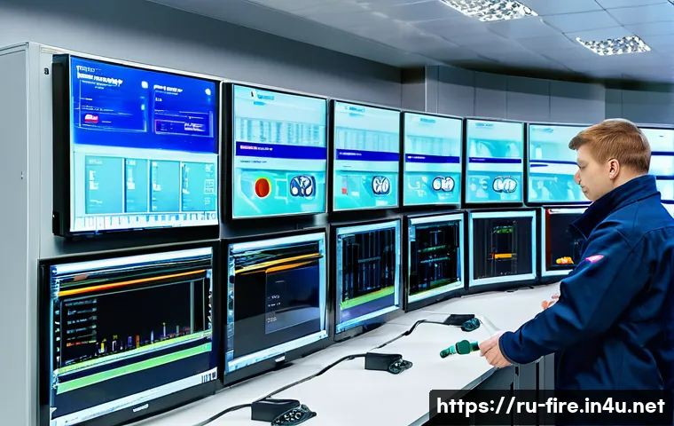 화재안전관리 직무에서 중요한 기술적 요구사항 - A modern fire detection control room in a large Russian industrial facility, featuring a wide array ...