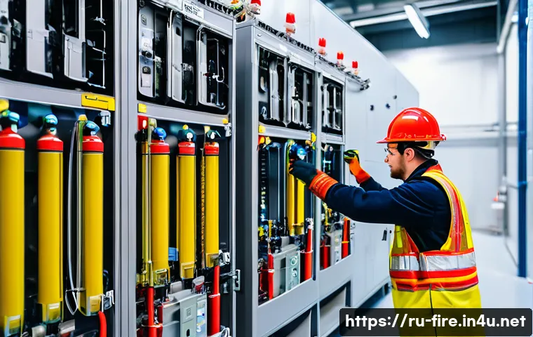 화재안전관리 기술자와 소방안전관리자의 차이 - A highly detailed scene inside a modern industrial facility focused on fire safety technology, showi...