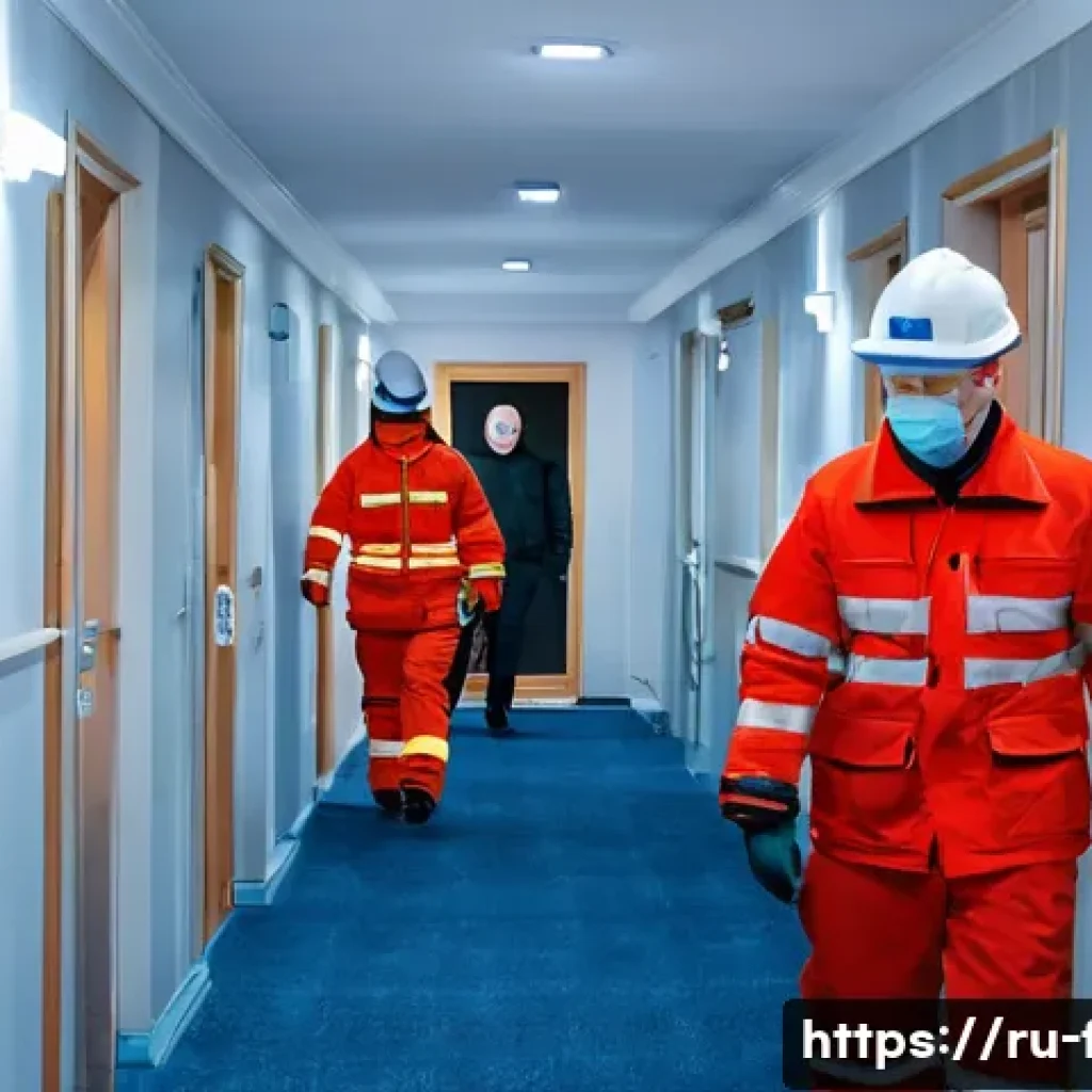 화재안전관리 기술자의 직무에서의 성과 분석 - A detailed scene inside a modern residential complex in Saint Petersburg, showing fire safety engine...