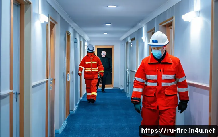 화재안전관리 기술자의 직무에서의 성과 분석 - A detailed scene inside a modern residential complex in Saint Petersburg, showing fire safety engine...