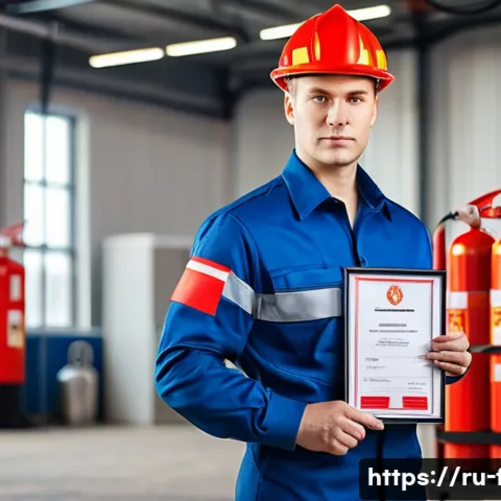 화재안전관리기술자의 연봉 대비 자격증 효용성 - A professional Russian fire safety specialist wearing a neat uniform and safety helmet, holding a ce...