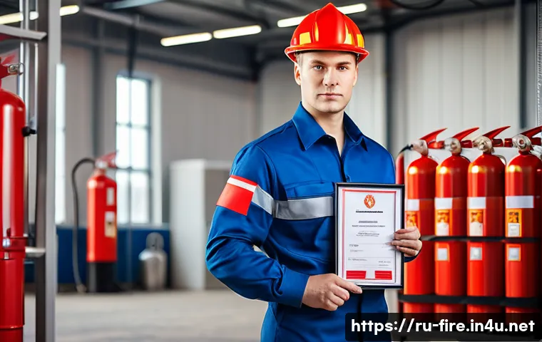 화재안전관리기술자의 연봉 대비 자격증 효용성 - A professional Russian fire safety specialist wearing a neat uniform and safety helmet, holding a ce...