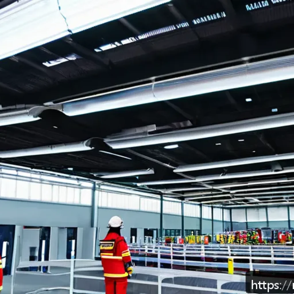 화재안전관리기술자 직무에서 요구되는 기술 - A modern industrial facility interior showcasing fire safety measures: detailed view of smoke and he...