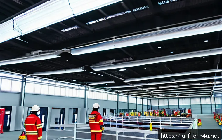 화재안전관리기술자 직무에서 요구되는 기술 - A modern industrial facility interior showcasing fire safety measures: detailed view of smoke and he...