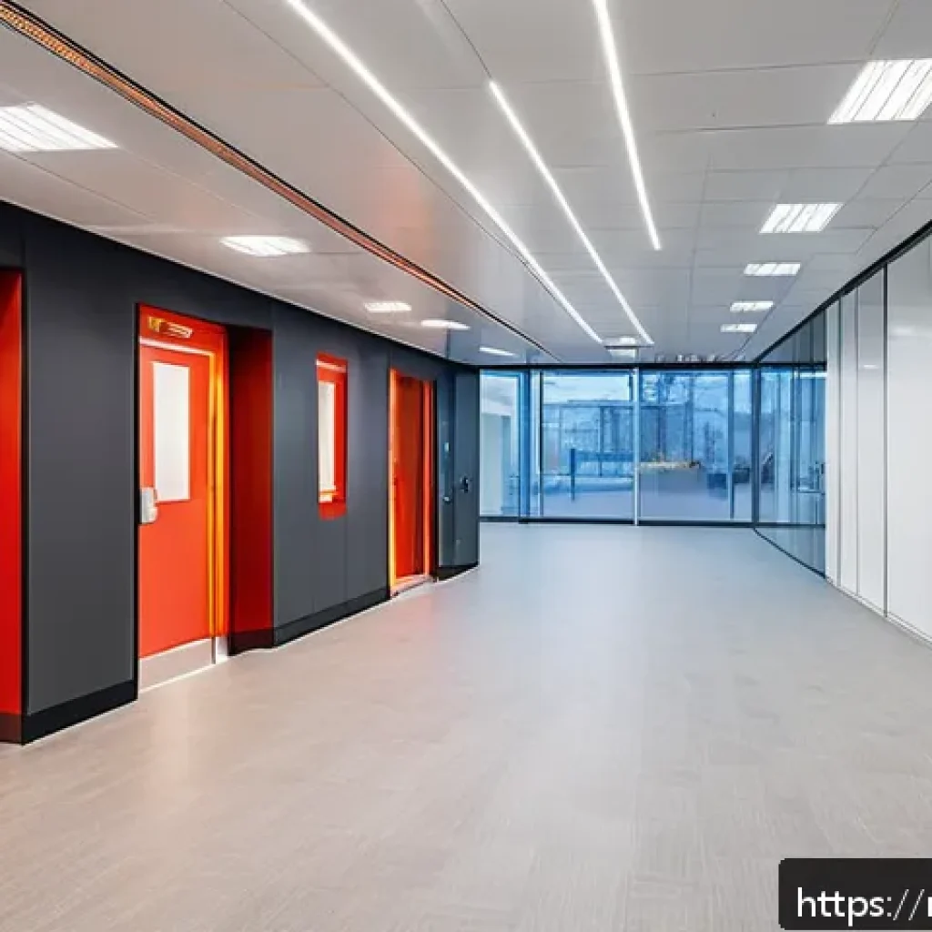 화재안전관리기술자와 건축소방설계자의 협업 - A modern Russian office building interior showcasing integrated fire safety systems: hidden ceiling ...