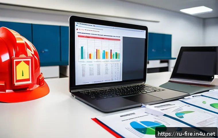 화재안전관리 업무 보고서 작성 가이드 - A professional fire safety inspection report scene in a modern Russian office environment, showing a...