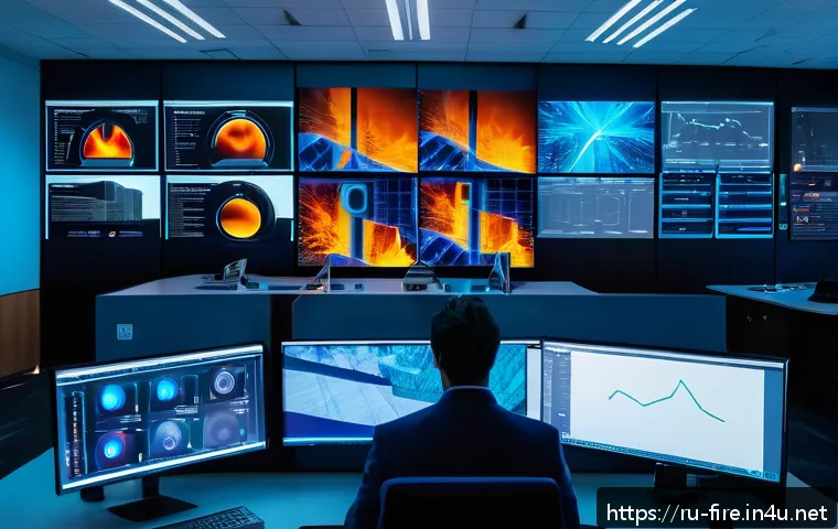 화재안전관리 실무에서의 기술적 변화와 도전 - A modern office building’s fire detection control room showcasing advanced multispectral smoke senso...