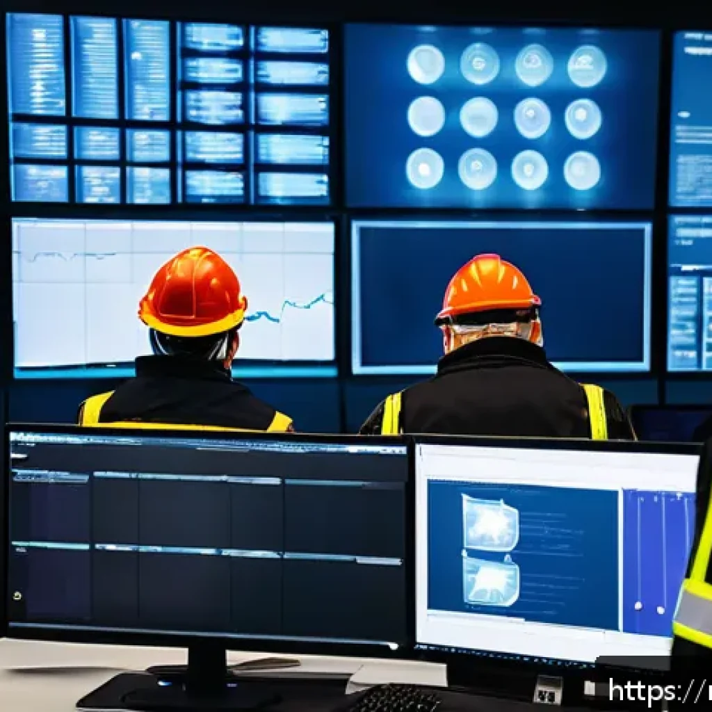 화재안전관리 실무에서의 문제 해결 방법 - A modern industrial facility control room with large digital screens displaying fire risk analysis a...