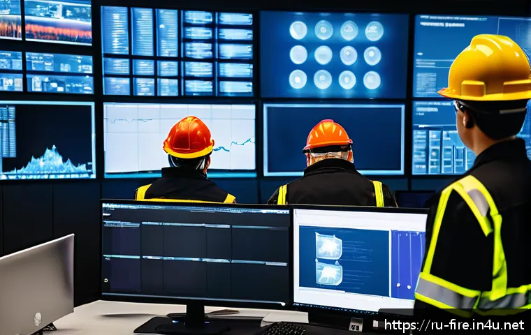 화재안전관리 실무에서의 문제 해결 방법 - A modern industrial facility control room with large digital screens displaying fire risk analysis a...