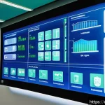 화재안전관리 직무에서의 성과 평가 전략 - A modern office building interior equipped with an advanced IoT-based fire safety system, showing sm...
