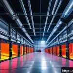 화재안전관리 실무와 관련된 최신 기술 동향 - A futuristic industrial warehouse interior with advanced fire detection AI sensors mounted on the ce...