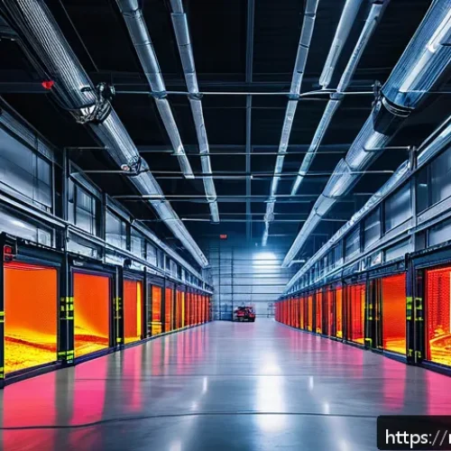 화재안전관리 실무와 관련된 최신 기술 동향 - A futuristic industrial warehouse interior with advanced fire detection AI sensors mounted on the ce...