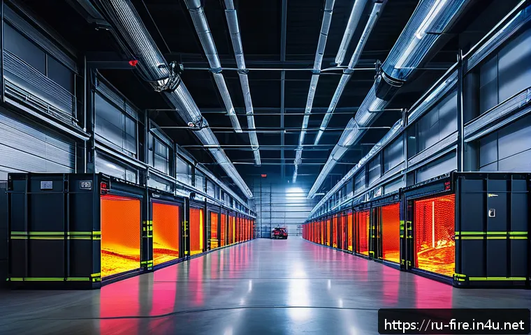 화재안전관리 실무와 관련된 최신 기술 동향 - A futuristic industrial warehouse interior with advanced fire detection AI sensors mounted on the ce...