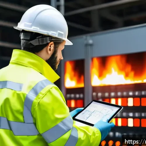 화재안전관리기술자 연봉 협상 사례 - A professional fire safety engineer inspecting a large industrial facility in Moscow, wearing safety...