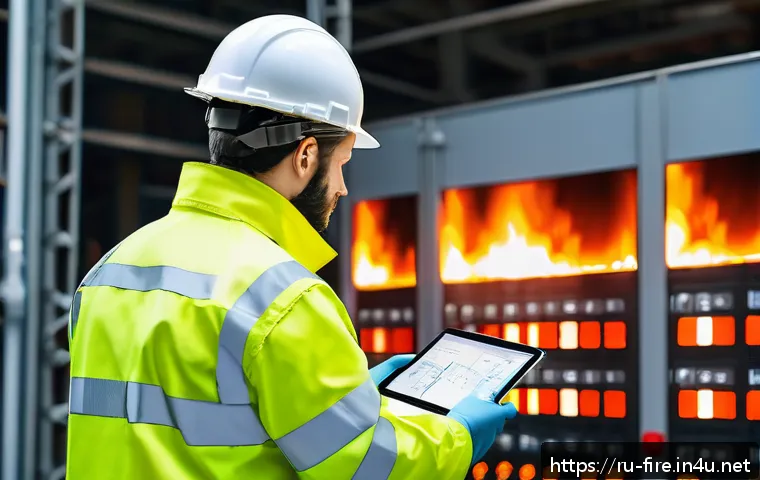화재안전관리기술자 연봉 협상 사례 - A professional fire safety engineer inspecting a large industrial facility in Moscow, wearing safety...