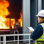 화재안전관리기술자 경력개발 로드맵 - A professional fire safety specialist conducting a practical training session in a modern industrial...