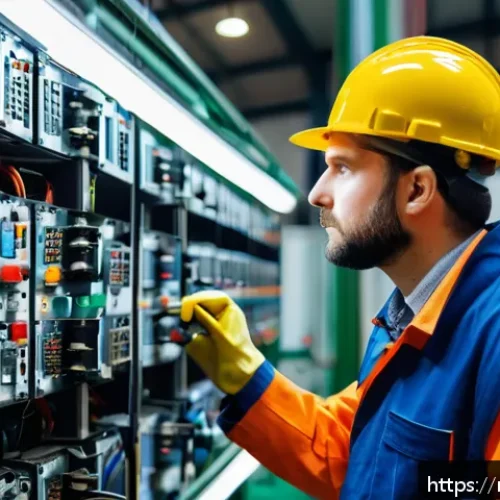 화재안전관리 실무에서의 사고 방지 사례 - A detailed industrial factory interior showing a maintenance technician inspecting old electrical wi...