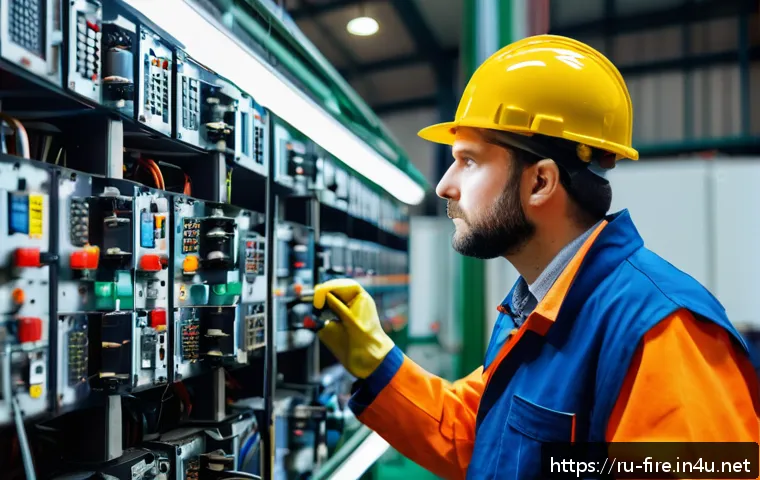 화재안전관리 실무에서의 사고 방지 사례 - A detailed industrial factory interior showing a maintenance technician inspecting old electrical wi...