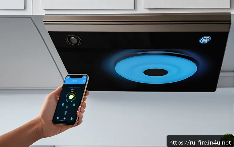 화재안전관리 실무에서의 문제 해결과 성공 사례 - A modern residential kitchen scene where a smart smoke detector is mounted on the ceiling, actively ...