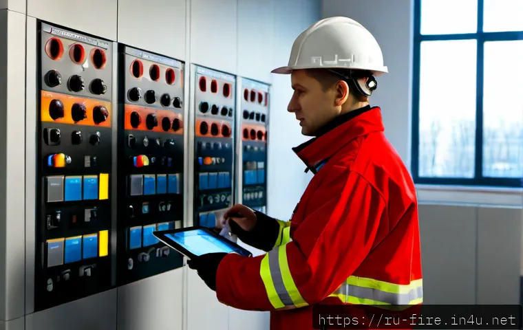Home 17 화재안전관리 기술자의 고용 안정성 분석 - Photorealistic Russian fire safety technician in a clean modern commercial building control room, we...