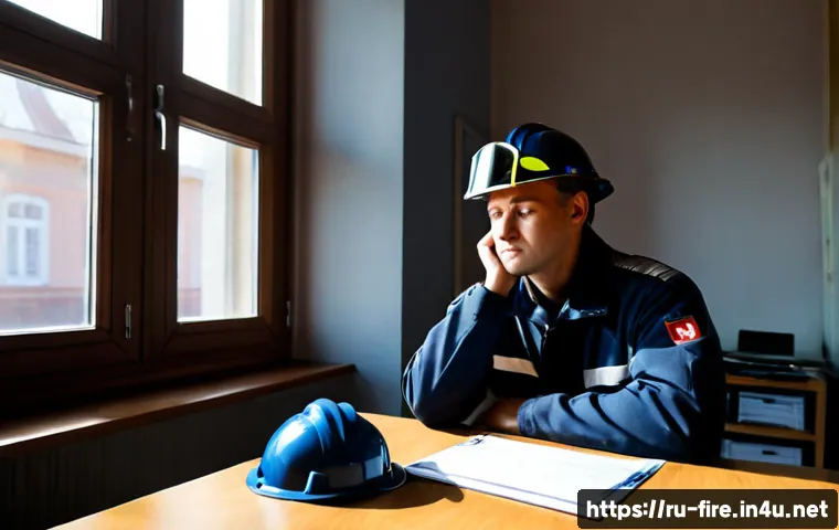 화재안전관리 기술자 직무 스트레스 관리법 - Photorealistic Russian fire safety technician in a neat municipal office, taking a calm breathing br...