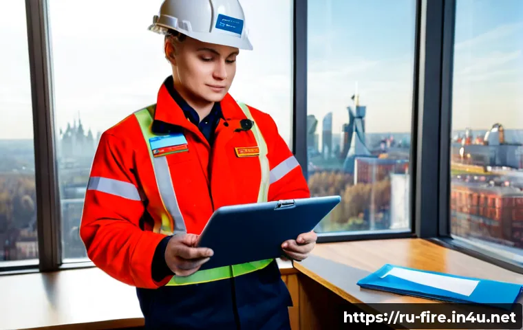 Home 17 화재안전관리기술자의 경력 관리 전략 - Photorealistic Russian fire safety technician in a clean modern office, reviewing a career portfolio...