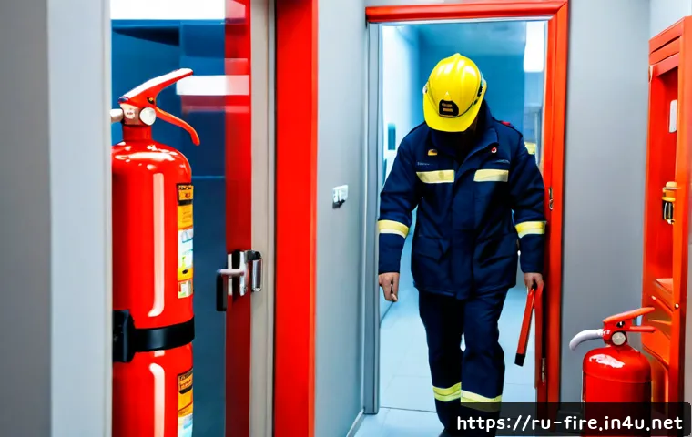 Home 17 화재안전관리 기술자의 주요 직무 및 책임 분석 - Photorealistic fire safety technician in a modern Russian commercial building, wearing a clean prote...